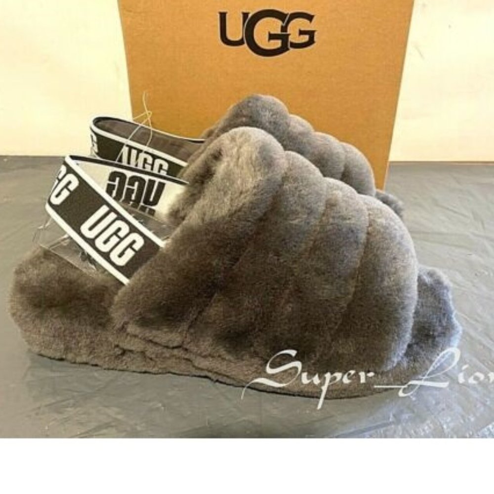 NEW UGG Women's Fluff Yeah Slide Sandals 1095119 Charcoal - Picture 4 of 7